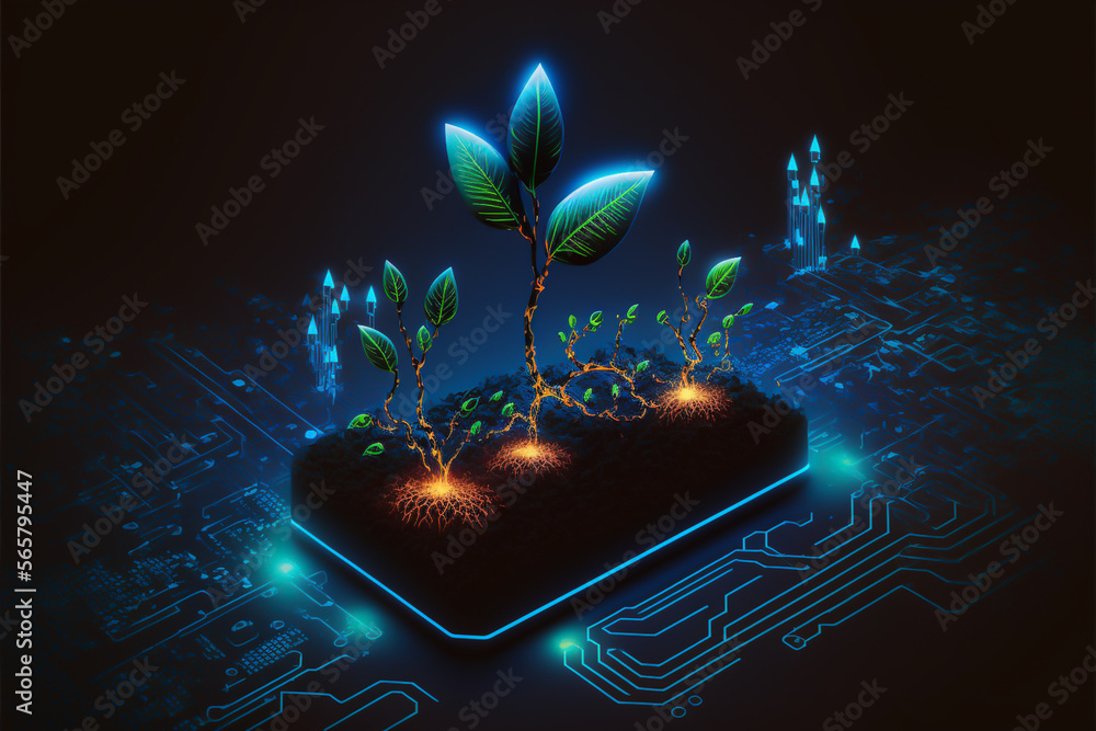 Smart agriculture 5.0 green plant product farming technology. Futuristic agriculture technology for increasing productivity and quality. - obrazy, fototapety, plakaty 