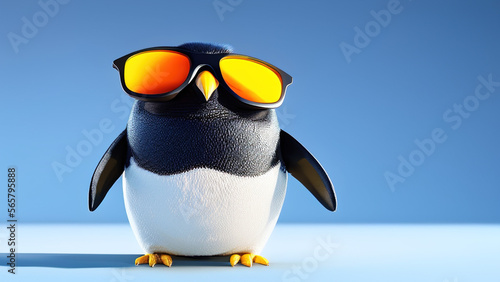 funny penguin with sunglasses in front of a blue studio background, Generative AI