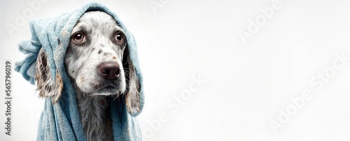 Confused dog with a towel on his head, after a shower, on a white background, created with Generative AI technology. Washing the puppy after a walk and drying. Copy space.