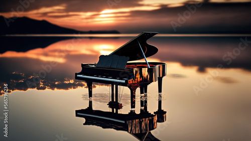 Piano sitting on a dock at the sunset. Generative AI. Beautiful scenery. Instrument