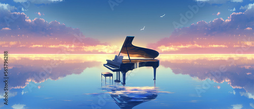 Piano sitting on clearing sea. sky. surreal. Generative AI. Beautiful scenery. Instrument