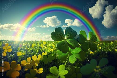 Clovers in a field of clovers with a rainbow — Generative AI