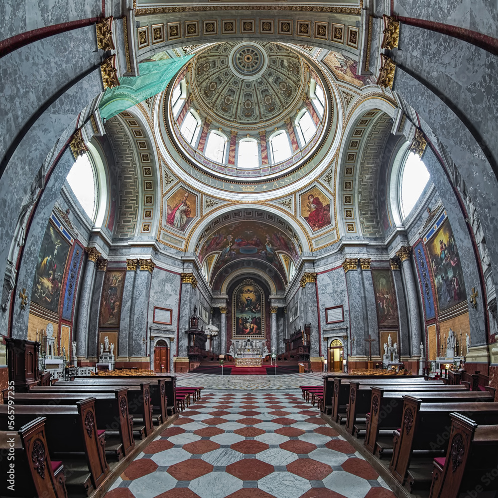 Esztergom, Hungary. Fisheye view of interior of Esztergom Basilica. The Primatial Basilica of the Blessed Virgin Mary Assumed Into Heaven and St Adalbert was built in 1822-1869.