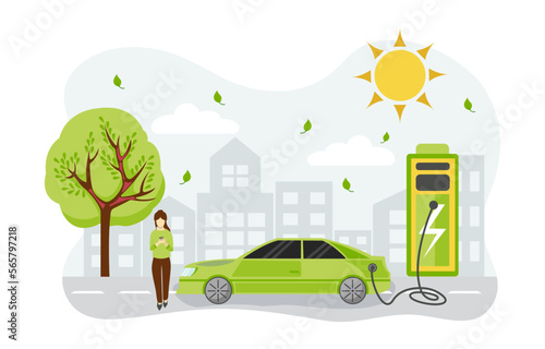 Electric car charging station with person, solar energy, electric vehicle and city background, future innovative technology and alternative save energy concept. Vector illustration