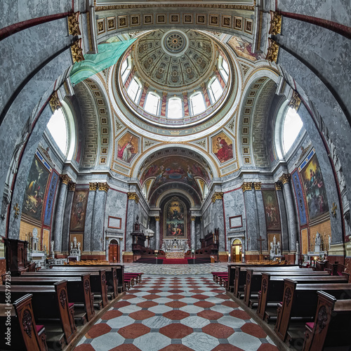 Esztergom, Hungary. Fisheye view of interior of Esztergom Basilica. The Primatial Basilica of the Blessed Virgin Mary Assumed Into Heaven and St Adalbert was built in 1822-1869.