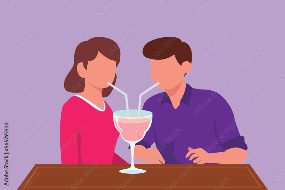 Cartoon flat style drawing cute young couple drinking using straws and big glasses together in cafe. Celebrate anniversaries and enjoy romantic dinner at restaurant. Graphic design vector illustration Cartoon flat style drawing cute young couple drinking using straws and big glasses together in cafe. Celebrate anniversaries and enjoy romantic dinner at restaurant. Graphic design vector illustration