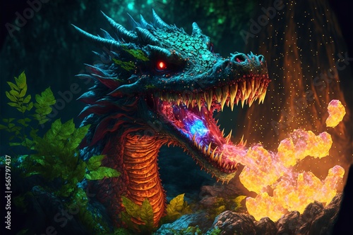 3D rendered Dragon spitting fire. Dragon spitting fire from mouth. Generative Ai. © Concept Killer