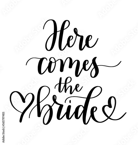 Here comes the bride. Cute modern calligraphy wedding themed doodle on transparent background