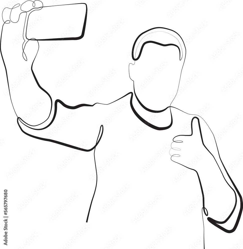 Continuous line drawing of a man taking a selfie. concept of man selfie in one line. artwork of a man taking a photo from the front camera in a single line.