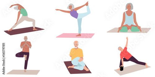 Senior active men and woman doing yoga