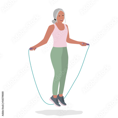 Senior active woman jumping on the rope