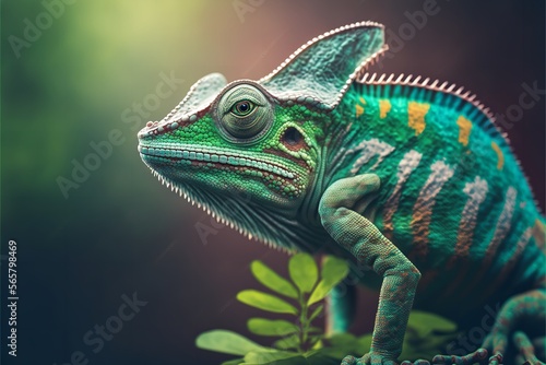 Green color chameleon. 3D rendered close up of a green colored chameleon. Generative Ai.