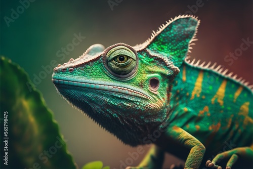 Green color chameleon. 3D rendered close up of a green colored chameleon. Generative Ai.