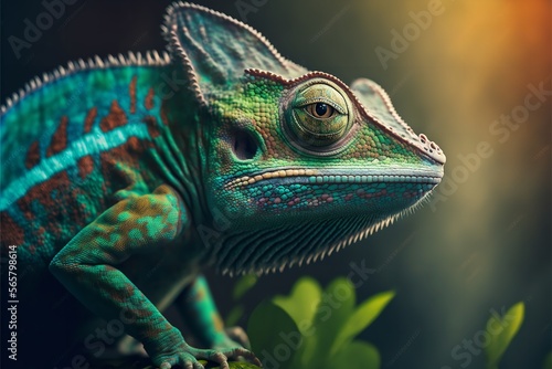 Green color chameleon. 3D rendered close up of a green colored chameleon. Generative Ai.