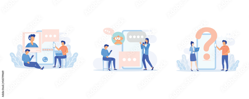 Customer support illustration. Characters using online helpdesk platform. People asking a questions and receiving answers from helpdesk operator or chatbot. flat vector illustration Customer support illustration. Characters using online helpdesk platform. People asking a questions and receiving answers from helpdesk operator or chatbot. flat vector illustration