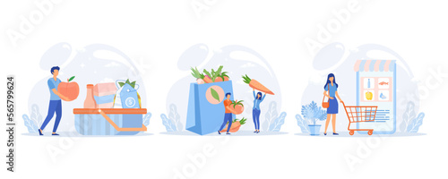 Grocery store illustration. Character buying in supermarket and online fresh organic vegetables and other groceries and putting in bag or basket. flat vector modern illustration