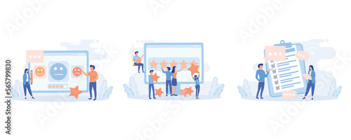 Review illustration. People сharacters giving five star feedback. Clients choosing satisfaction rating. Customer service and user experience concept. flat vector modern illustration