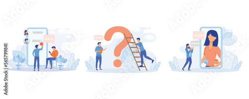 Customer support illustration. Characters asking a questions, receiving answers from helpdesk operator, sharing user experience and giving customer feedback. flat vector modern illustration