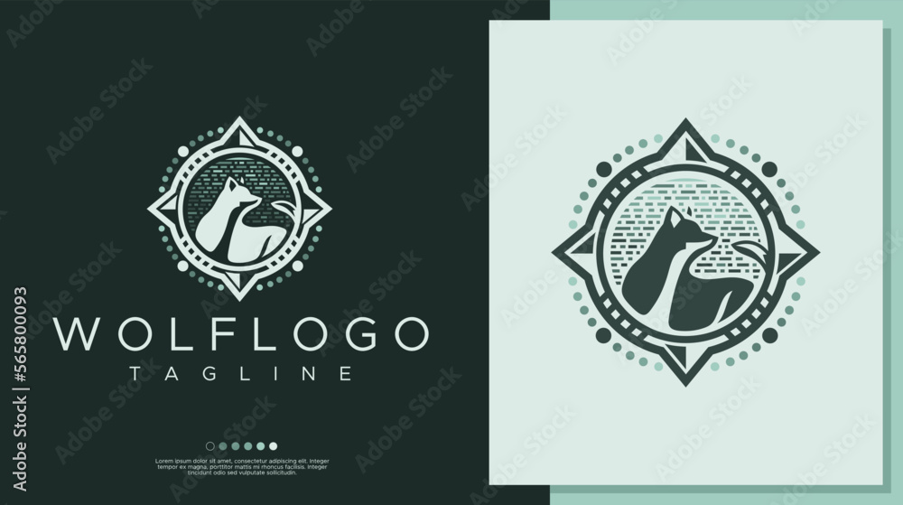 Retro wolf compass logo design template.