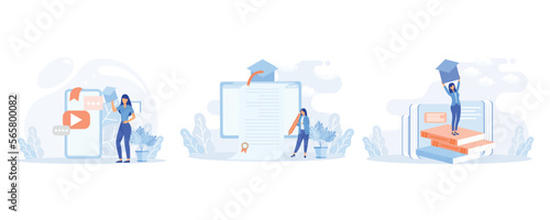 Education illustration. Characters celebrating successfully ended educational course, seminar , tutorial and holding academic hat and diploma certificate. Graduation concept. flat vector modern illust