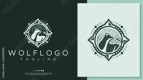 Retro wolf compass logo design template.