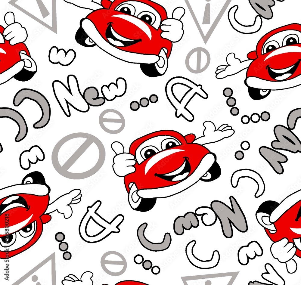 Naklejka premium Seamless pattern with hand drawn cute car. Cartoon cars, road si