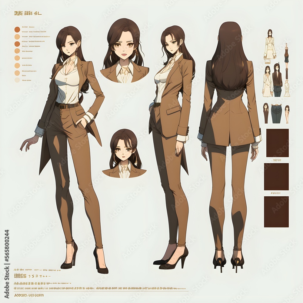 fashionshibuyaanimegamecharacters reference sheet Full body of beautiful  woman in brown suit dark hair sapphire eyeshigh qualityfull bodyultra  detail 8K kawaii anime in Kyoto Animation style Illustration Stock | Adobe  Stock