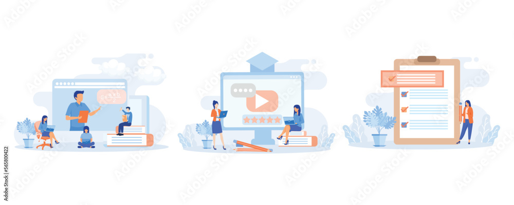 Online education illustration. Students having video call with teacher. People learning online and solving educational test or exam. Distance learning concept. flat vector modern illustration