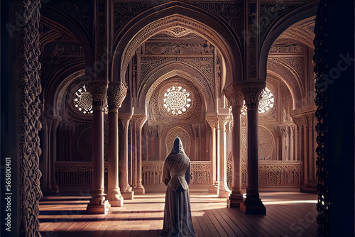 illustration of woman in hijab praying in the mosque . AI