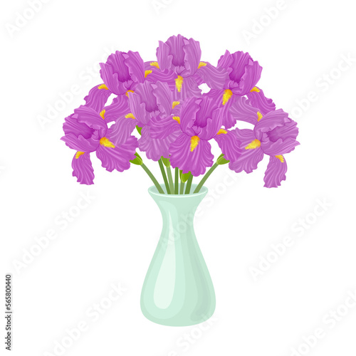 Bouquet of irises flowers in turquoise vase isolated on white. Vector cartoon illustration of purple spring flowers. © Sunnydream