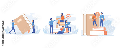 Book exchange and reuse illustration. Characters recommending, sharing and swapping books. People reading together. flat vector modern illustration