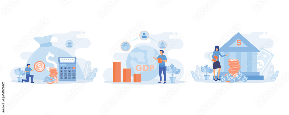 Public finance illustration. Characters integrating with government institutions. Central bank, federal budget and GDP statistics concept. flat vector modern illustration