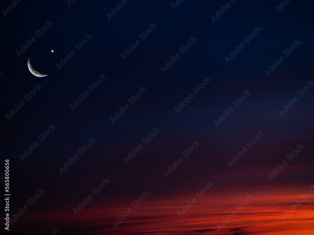 Islamic Background Desing Concept,Crescent Moon and Sky Landscape in Night Sunset Blue Orange for Celebration New Year Muharram Religion,Arabic,Eid Al-Adha,Mubarak Muslim,Sunrise Sybols God Holy Month Islamic Background Desing Concept,Crescent Moon and Sky Landscape in Night Sunset Blue Orange for Celebration New Year Muharram Religion,Arabic,Eid Al-Adha,Mubarak Muslim,Sunrise Sybols God Holy Month