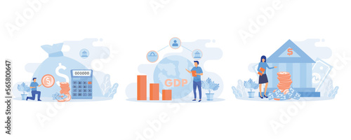 Public finance illustration. Characters integrating with government institutions. Central bank, federal budget and GDP statistics concept. flat vector modern illustration