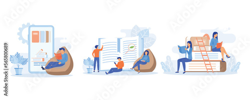 Various Online Education, Knowledge and Library Icons. People Characters Reading Books. Girls and Boys with Open Books in Hands Studying in Library. flat vector modern illustration 