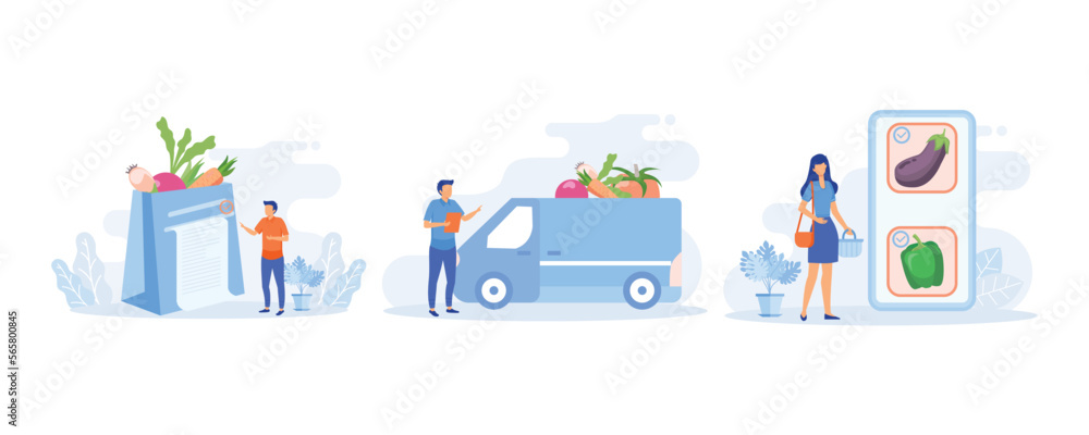 Grocery shipping illustration. Character buying online fresh organic vegetables, paying for an order and getting groceries delivered. Grocery food delivery concept. flat vector modern illustration