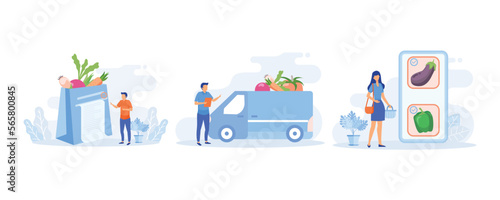 Grocery shipping illustration. Character buying online fresh organic vegetables, paying for an order and getting groceries delivered. Grocery food delivery concept. flat vector modern illustration
