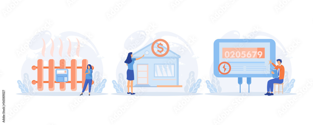 Sustainability illustration. Characters monitoring private electricity and central heating meter and calculating household utility bill.flat vector modern illustration Sustainability illustration. Characters monitoring private electricity and central heating meter and calculating household utility bill.flat vector modern illustration