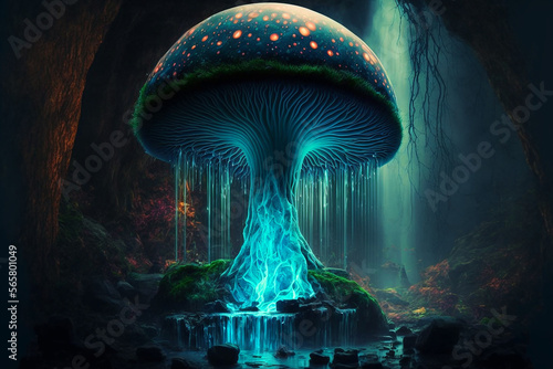 magic mushroom shaped waterfall with glowing fantasy. Generative AI	 photo