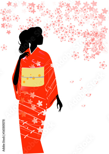着物を着た女性のシルエットと桜の花