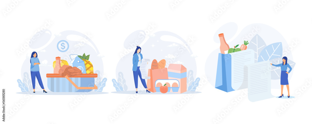 Inflation illustration. Characters buying groceries and luxury goods in supermarket and worries about price increase. Consumer price index growth and financial crisis concept. flat vector modern illus