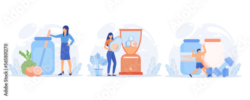 Healthy diet illustration. Characters drinking protein and fresh vegetables smoothie shake with vitamins. flat vector modern illustration