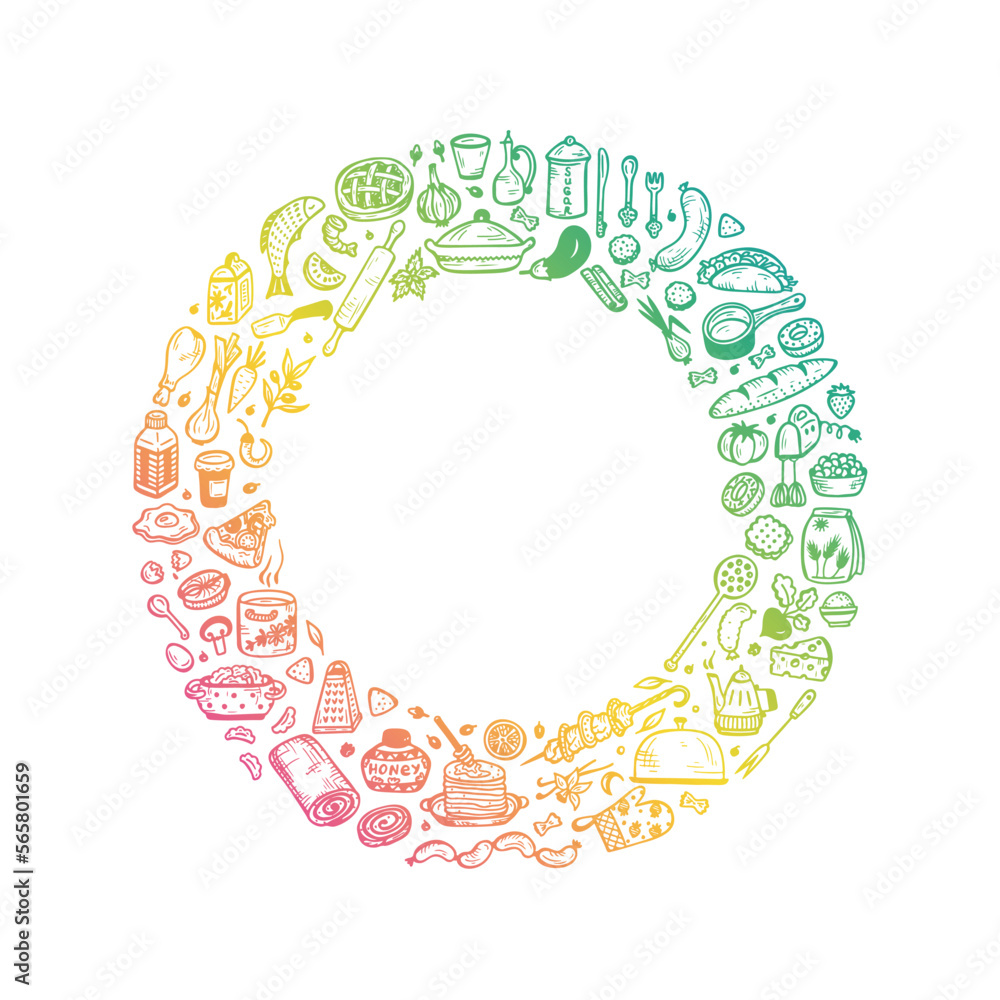 Cooking. Vector Food round frame for menu decoration. Hand drawn doodle Rainbow Food and Kitchen utensils.