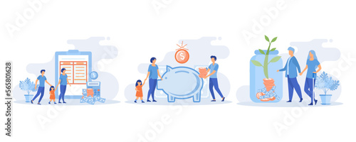 Family income. Characters planning and bookkeeping budget and household spending. People making savings in piggy bank. flat vector modern illustration