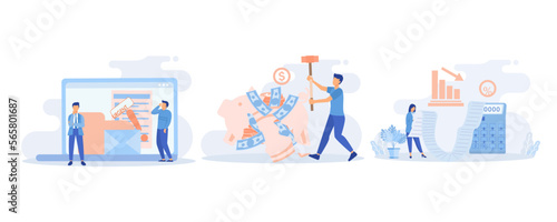 Debt and loan. Characters having financial problems. People calculating long bill, reading urgent letter from collection agency and using savings to pay off debt. flat vector modern illustration