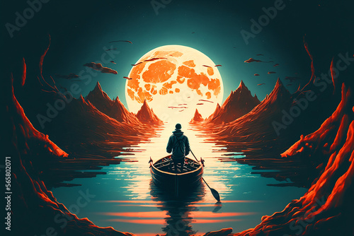 man rowing a boat in the glowing sea looking at the melting crescent moon. Generative AI 