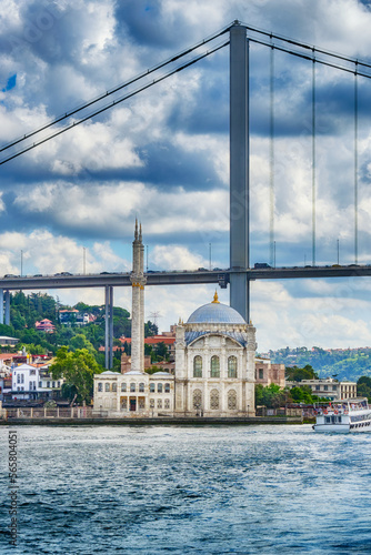 Mosque Ortakoy and bridge on the shore of the Bosphorus Strait in the Besiktash area in Istanbul
