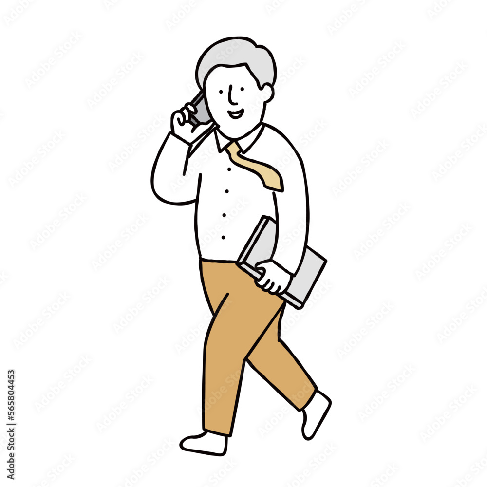電話をしながら歩くビジネスパーソンのイラスト素材　イエロー