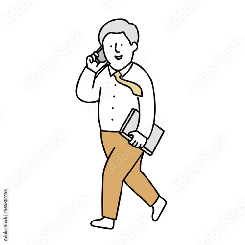 電話をしながら歩くビジネスパーソンのイラスト素材　イエロー