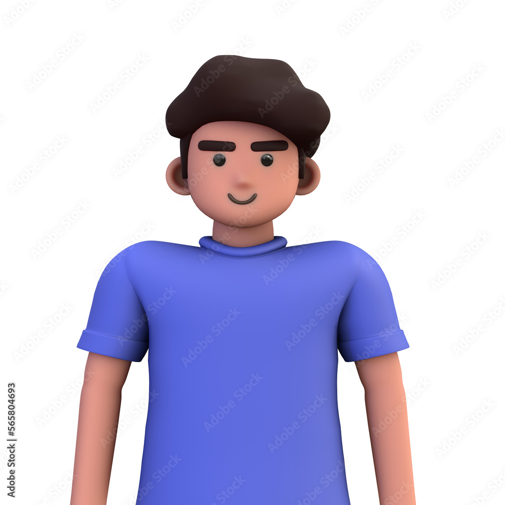 3D ILLUSTRATION RENDERING. PORTRAIT SMILLING MAN CUTE CARTOON CHARACTER YOUNG MALE MODEL STANDING ON ISOLATED WHITE BACKGROUND. MINIMAL SOCIAL MEDIA AVATAR PEOPLE PROFILE PICTURE DESIGN. 